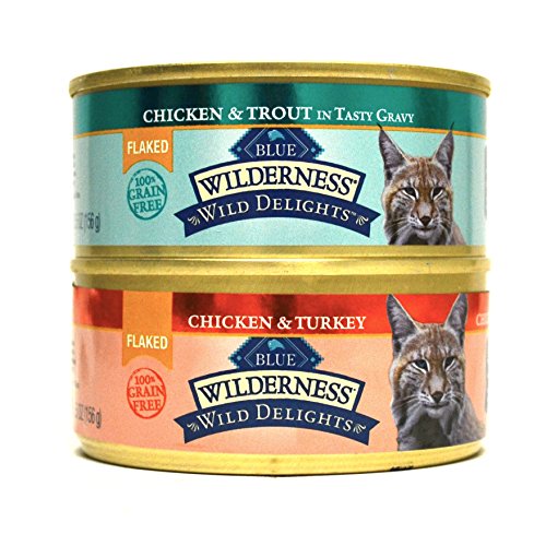 Blue Wilderness Grain-Free Wild Delights Flaked Cat Food Variety Pack Box - 2 Flavors (Chicken & Trout & Chicken & Turkey) - 12 (5.5 Ounce) Cans - 6 of Each Flavor