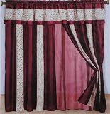 Two Burgundy and Beige Embroidery Strip Windows Curtains / Drapes with Back Linen