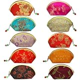 Silk Embroidered Brocade Oriental Fan Zipper Jewelry Coin Pouch Wallet Set of 10 - Various Colors
