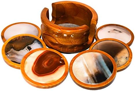 Natural Agate Coaster Set with Wooden Base (Set of 6)