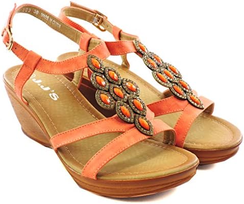 Fashionista Forever Women's Mid Wedge Comfortable Strappy Sandals (38-7(M), Pastel Orange)