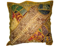 Indian Sunglow Moti Beaded Patchwork Sari Floor Pillows Cushion Cover 24"