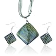 Green Stripe Dichroic Pendant And Earring Murano Glass Jewelry Set