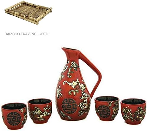 Sake Set - Japanese Ceramic 5 pc in Gift Box - Bamboo Tray - Plus Bonus Ebook