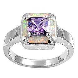 Sterling Silver Lab Created Opal Ring - 3mm Band Width - 12mm Face Height - Sizes: 6-9 - Amethyst CZ