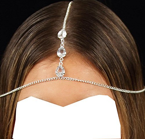 Wiipu Head Chain Rhinestones Silver Chain Teardrop Crystal Charm Bridal