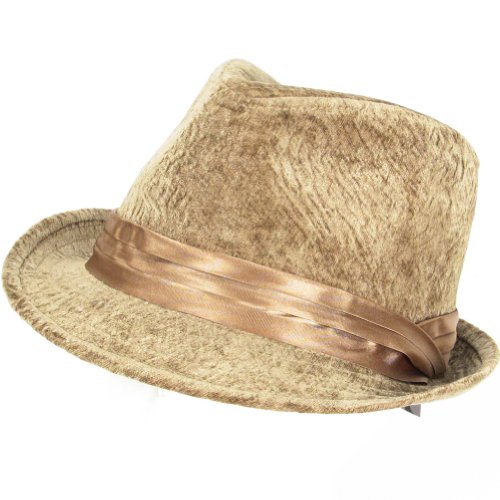 VELVETY STINGY BRIM TRILBY FEDORA GANGSTER HAT * KHAKI * Medium / Large