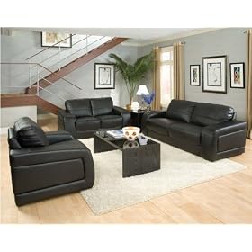 3 PCs Contemporary Black Leather Match Sofa, Loveseat, and Chair Set