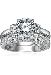 Sterling Silver Platinum-Plated Swarovski Zirconia Three Stone Ring Set, Size 7