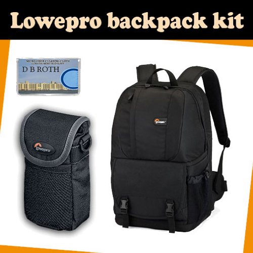 LowePro Backpack kit which includes the Lowepro Fastpack 200 (Black) + Sliplock pouch 10 + DB ROTH Micro Fiber Cloth.