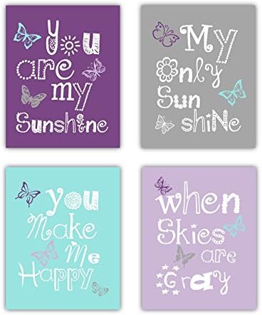 Butterfly Art for Girls, Purple Nursery Decor, Butterfly Nursery Art, You Are My Sunshine Art, Purple Art for Girls Room 4-8x10 PRINTS ONLY