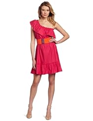 One Shoulder Elasticized   Waistline  Belted Cotton/Spandex  Dress With Ruffles