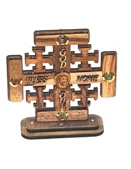 Jerusalem Cross olive wood Cross carved by Laser with Holy Land samples - standing or hanging ( 14 cm or 5.5 inches )