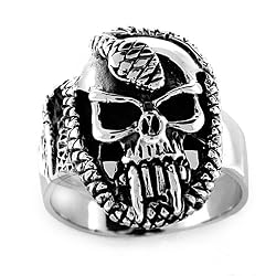 Sterling Silver Skull Ring with Serpent - Sizes 9 to 14