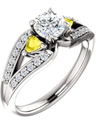 18K White Gold Round Cut Diamond and Yellow Sapphire Ring -- LIFETIME WARRANTY