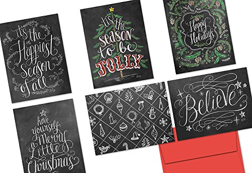 Chalkboard Holiday - 36 Note Cards - 6 Designs - Red Envelopes Included