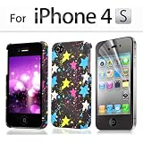 ATC Colorful Fashionable Plastic Light Blue Yellow White Scrawl Stars Spots Hard Case Cover for Apple iphone 4 iphone 4S with Sreen Protector