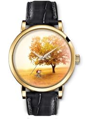 SPRAWL Aanalog Fashion Series Gold Ladies Watches of Genuine Black Leather Strap,Unique Wrist Watch for Women Girls Designed with Field scarecrow