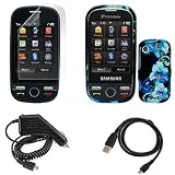 iNcido Brand Samsung Messager Touch R630 / R631 Combo Blue Flower Protective Case Faceplate Cover + LCD Screen Protector + Rapid Car Charger + USB Data Charge Sync Cable for Samsung Messager Touch R630 / R631