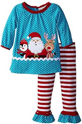 Cute Reindeer Santa Baby Girl Blue Long Sleeves 2 Pieces Christmas Custome Sets