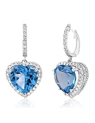 14K White Gold 8.92ct LovelyProng Heart Blue Topaz & Diamond Dangle Earrings