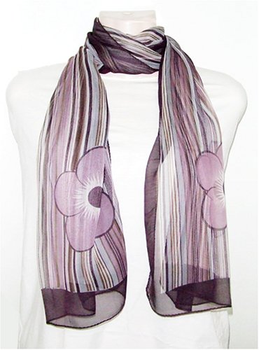 Chiffon Purple Floral/Strip Print - Silk Long Scarf 21x66