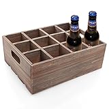 Vintage Finish Rustic Brown Wood 12 Slot Beer Bottle Serving Crate / Beer Storage Box w/ Carrying Handles