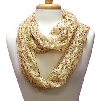 Beige Lace Infinity Ring Scarf With Floral Print