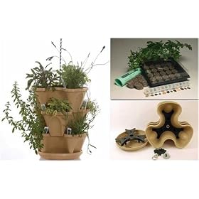 Garden Stacker Planter + Indoor Culinary Herb Garden Kit- Great Gift Idea- Grow Cooking Herbs- Seeds: Parsley, Thyme, Cilantro / Coriander, Basil, Dill, Oregano, Sweet Marjoram, Chives, Savory, Garlic Chives, Mustard & Sage- Includes Stack-A-Pot Stackable Planter