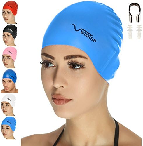 Premium Silicone Swim Cap for Men and Women Free Nose Clip and Ear Plug (light blue)