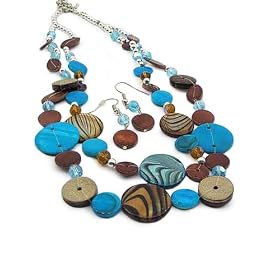 Shell Wood Glass Turquoise Brown Necklace and Earring Set Fashion Jewelry thumbnail