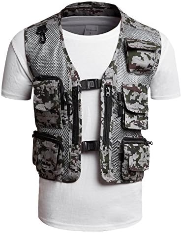 Men's Mesh Breathable Camouflage Journalist Photographer Fishing Vest Waistcoat Gray US M