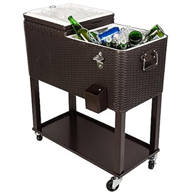HIO 80 Qt Outdoor Patio Cooler Table On Wheels, with Shelf, Dark Brown Wicker