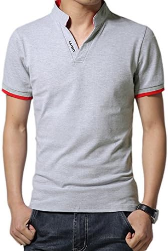 Xfashion Men's Summer Stand Collar Short Sleeve Casual T Shirt Large Gray