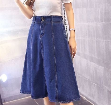 (ALLURE) デニム スカート Aライン フレアスカートミモレ丈 ブルー AF0510