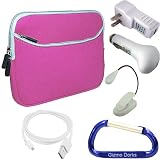 Pink Barnes and Nobles Nook eBook Neoprene Glove Series Zipper Case Cover, USB Charging Cable / Data HotSync, USB Car Charger, USB USB Power Adapter / Wall Charger, LED Max Bright Light, and Free Carabiner Key Chain
