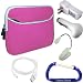 Pink Barnes and Nobles Nook eBook Neoprene Glove Series Zipper Case Cover, USB Charging Cable / Data HotSync, USB Car Charger, USB USB Power Adapter / Wall Charger, LED Max Bright Light, and Free Carabiner Key Chain
