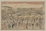 Reprint Historic Japanese Print crowded waterfront scene with pedestrians on the promenade, on the Rogoku Bridge,