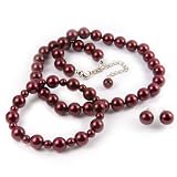 Red 10mm Glass Pearl Necklace, Bracelet and Earrings Set by Margot Townsend