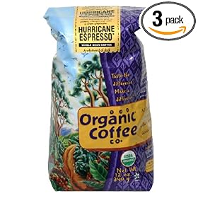The Organic Coffee Co. Whole Bean Coffee, Hurricane Espresso, 12-Ounce Bag (Pack of 3)