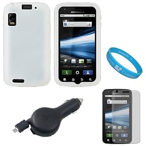 Clear Rubberized Protective Gel Silicone Skin Cover Case for AT&T Motorola Atrix 4G Dual Core Android Smart Phone MB860 (Olympus/Atrix 4G) + Clear Screen Protector + Black Retractable Car Charger with IC Chip + SumacLife TM Wisdom Courage Wristband