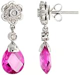 14k White Gold 1 (25mm) tall Earrings, w/ 0.22 Carat Round Top Light Brown Diamonds & 5.70 Carats Pear Shaped Created Pink Sapphire Stones