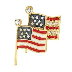 Brass Enamel American Flags Pin with Clear CZ 37x27mm