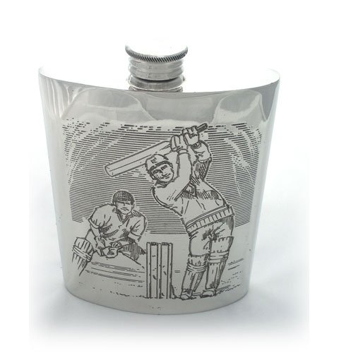 Pewter hip flask - cricket scene with screw top - 4 oz