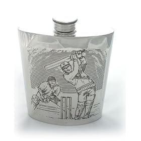 Pewter hip flask - cricket scene with screw top - 4 oz