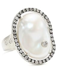 Jordan Alexander "Slice" Silver and Diamond Stud Exterior White Pearl Slice and Diamond Ring, Size 7