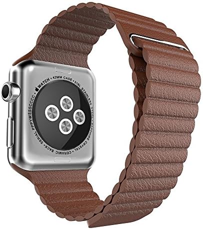 Apple Watch Band 42mm, UMTele Genuine Leather Loop with Unique Magnetic Lock Strap Magnet Closure Lock iWatch Replacement Band for Apple Watch Sport Edition, No Buckle Needed Brown