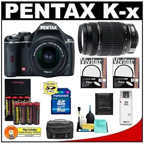 Pentax K-x Digital SLR Camera (Black) with 18-55mm DA L Zoom & 55-300mm DA L Lens + 16GB SDHC Card + AA Batteries & Charger + Filters + Accessory Kit