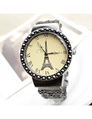 Generic Retro Vintage Classic Unisex Eiffel Tower Style Quartz Fashion Flower Bracelet Wrist Bangle Cuff Watch Gift