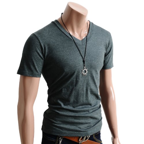 Mens Casual Short Sleeve Single Color V neck T-shirt KHAKI L (070D)